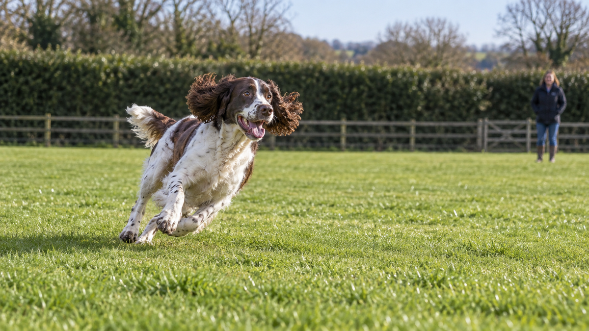 An adult dog running playfully across a lawn while its owner watches.
