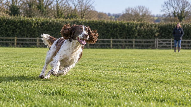 An adult dog running playfully across a lawn while its owner watches.