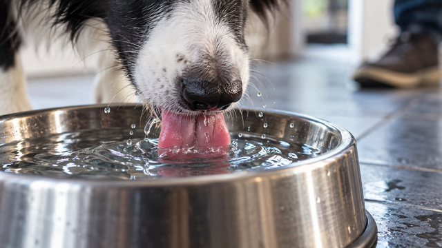 A dog takes a normal drink from a stainless water bowl.