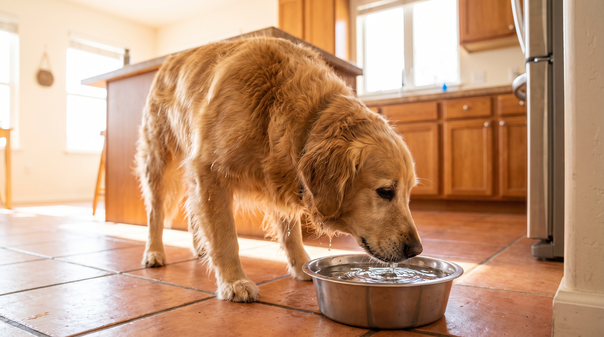 A golden retriever drinking from a stainless steel bowl on a tiled kitchen floor with water rippling in the bowl.