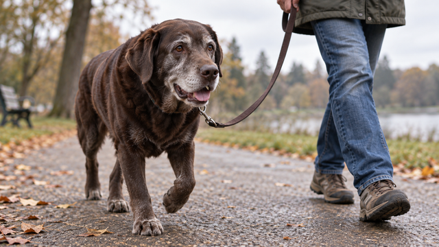 Older dog walking at a relaxed pace with its owner on a level park path.