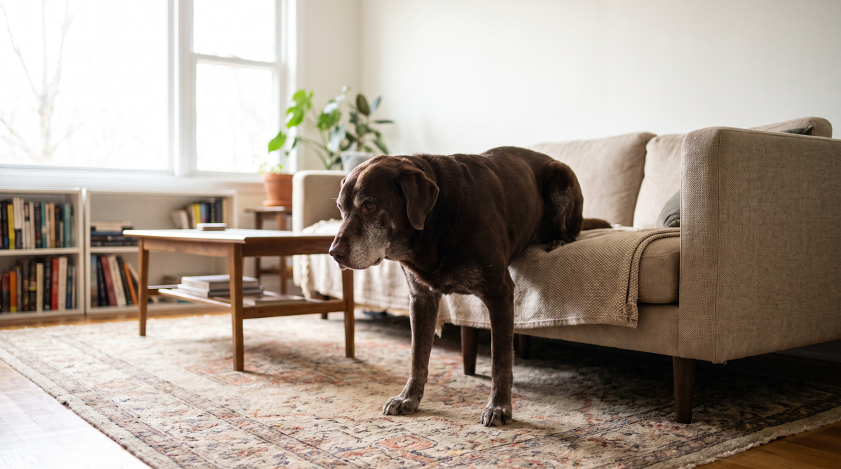 A grey-muzzled chocolate labrador easing itself down off a sofa onto a living-room rug in morning light