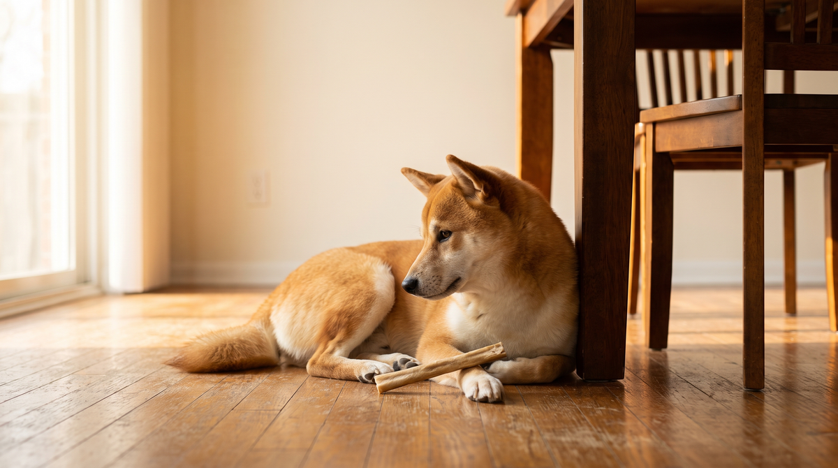 A shiba inu lying on a hardwood dining-room floor with a plain dried chew stick between its front paws