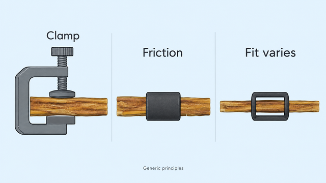Schematic side views compare clamping, friction and a loose fit in generic bully-stick holder mechanisms.