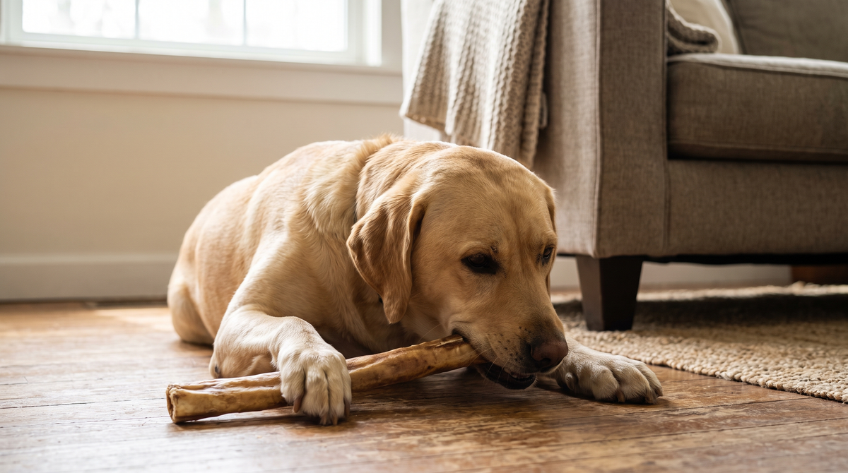 A yellow labrador lying on a hardwood floor pinning a long natural dried chew flat with both front paws while gnawing one end
