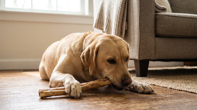 A yellow labrador lying on a hardwood floor pinning a long natural dried chew flat with both front paws while gnawing one end