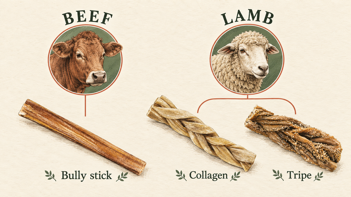 Illustrated animal-source map linking beef bully sticks and lamb collagen and tripe chews.