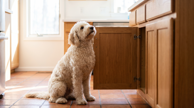 A cream goldendoodle sitting on a kitchen tile floor looking up beside an open lower cabinet door