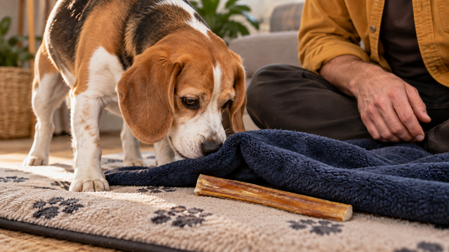 A supervised dog nudges a blanket corner toward a bully stick on its mat.