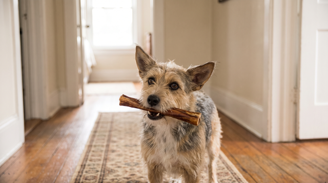 A small wire-haired terrier mix standing on a hallway runner holding a natural dried chew stick in its mouth and looking up