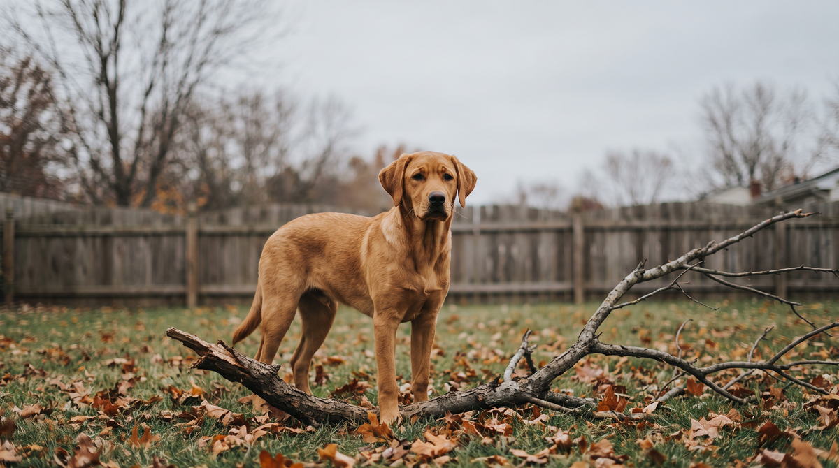 A young labrador standing on a back lawn with a fallen tree branch at its feet among autumn leaves