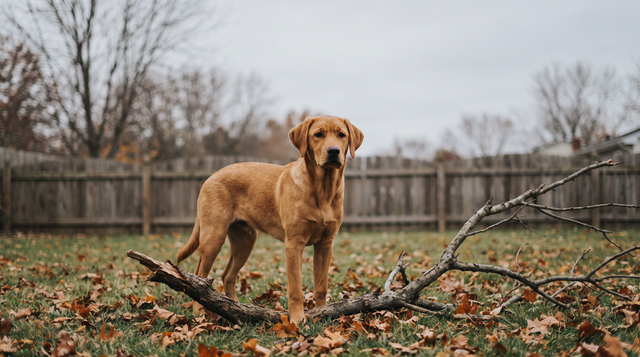 A young labrador standing on a back lawn with a fallen tree branch at its feet among autumn leaves