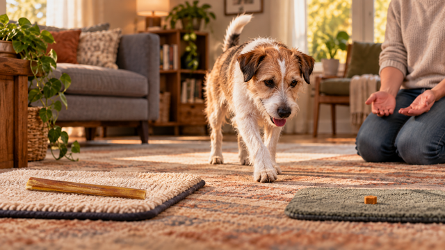 A dog steps away from an intact bully stick toward a small reward while an adult keeps their hands relaxed.