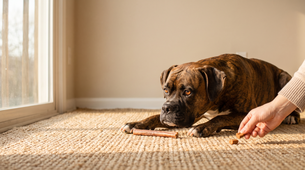 A brindle boxer lying calmly on a jute rug with a plain dried chew stick in front of it while a hand places a small treat nearby