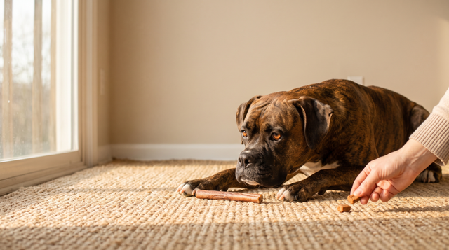 A brindle boxer lying calmly on a jute rug with a plain dried chew stick in front of it while a hand places a small treat nearby