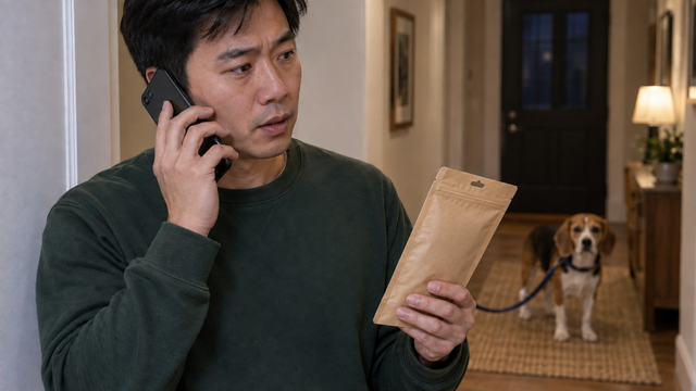 Owner calling for veterinary advice with the chew package ready to describe.