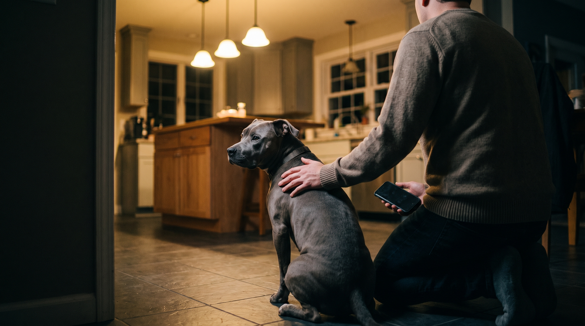 A person kneeling on a kitchen tile floor at night beside a blue-grey pit-bull-type dog, one hand on its back and a phone in the other hand