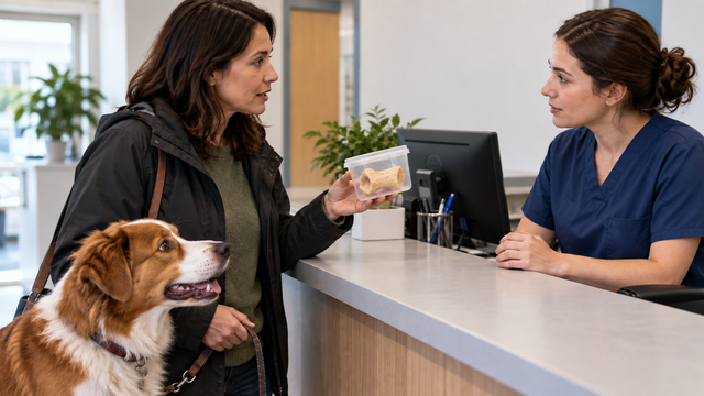 Owner showing the remaining chew to veterinary staff after a dog swallowed rawhide.