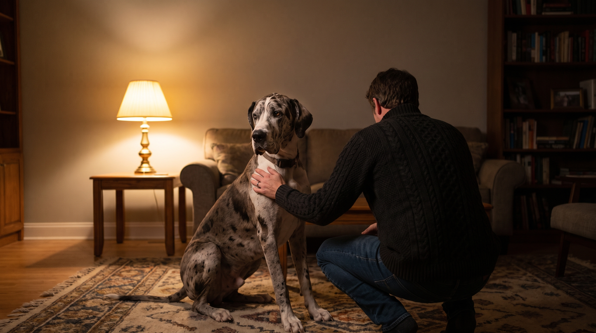 A person crouched beside a great dane on a living-room rug at night with a hand on the dog's shoulder, lit by a single table lamp