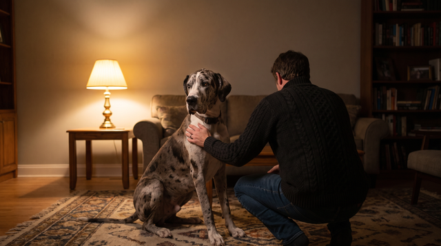 A person crouched beside a great dane on a living-room rug at night with a hand on the dog's shoulder, lit by a single table lamp