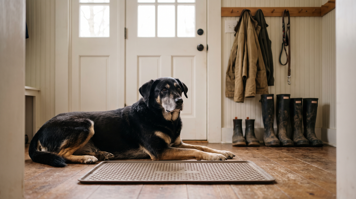 A large black-and-tan shepherd-mix dog lying on a mudroom floor beside an empty rubber feeding mat, with rubber boots and coats by the back door