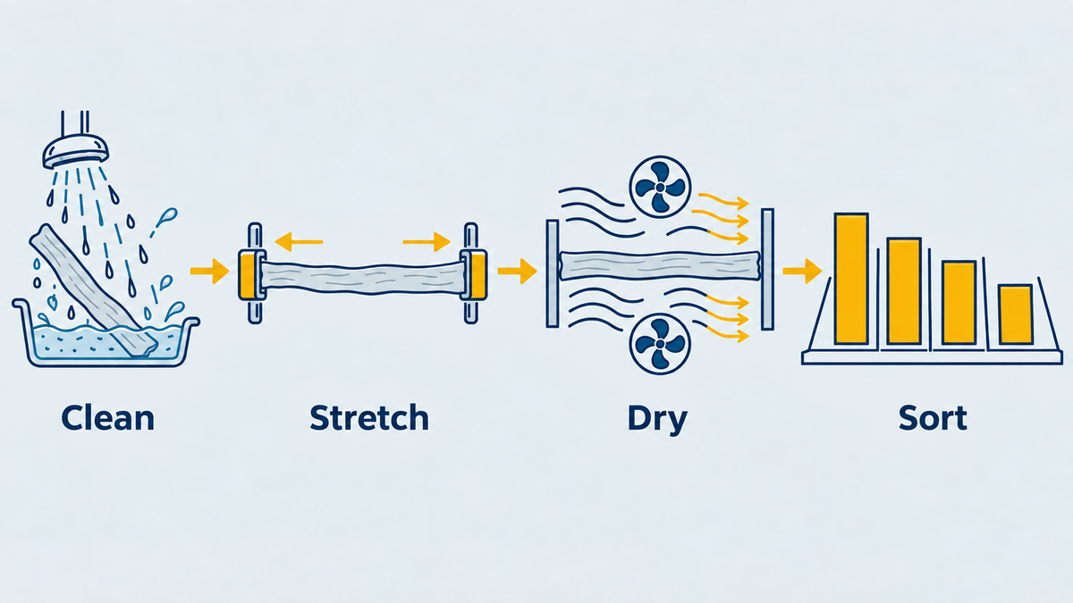 A generic diagram outlines cleaning, stretching, drying and sorting as separate steps.