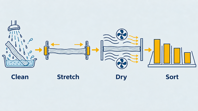 A generic diagram outlines cleaning, stretching, drying and sorting as separate steps.