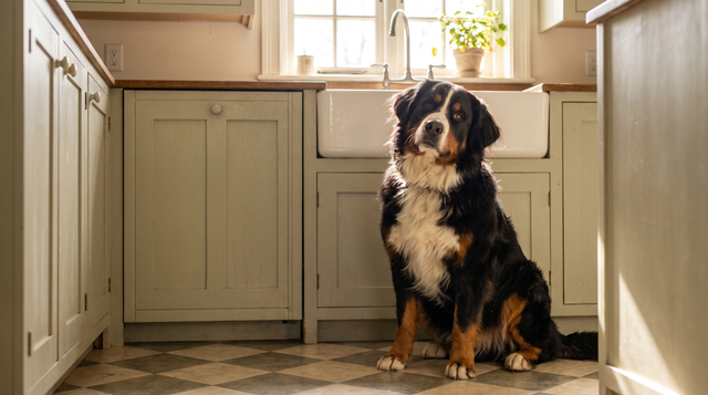 A bernese mountain dog sitting on a tiled kitchen floor beside a farmhouse sink, head tilted, in warm morning light