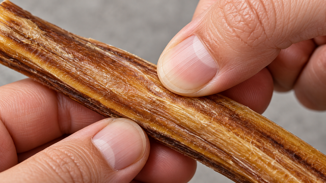 Thumbnail pressing the thickest part of a bully stick to screen its firmness.