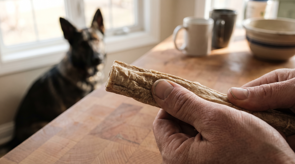 A close view of a thumbnail pressing into a plain dried chew stick held over a wooden kitchen counter, with a German shepherd out of focus behind