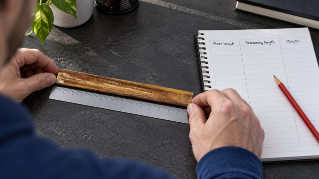 An owner measures a bully stick beside a blank session-observation log.