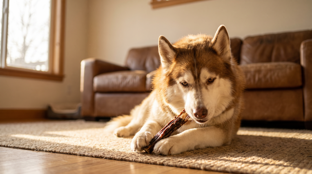 A red and white siberian husky lying on a jute rug holding a partly chewed natural dried stick between its front paws in evening light