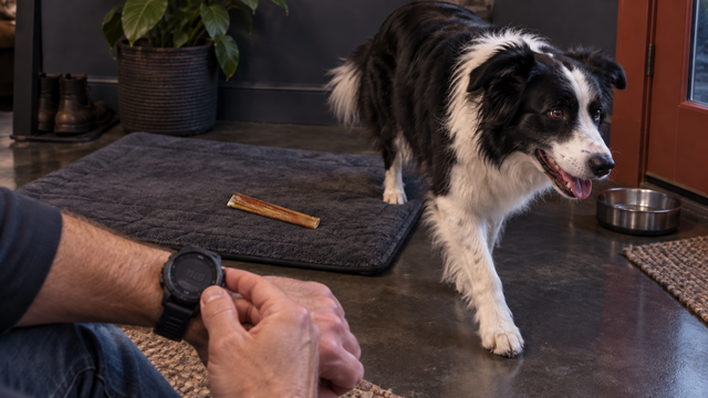 An owner stops a timer as a dog steps away from its chew mat.