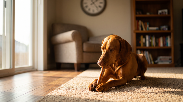 A vizsla lying on a living-room rug in late afternoon light, chewing a natural dried stick held between its front paws, with a wall clock out of focus on the wall behind