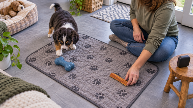 An owner collects a puppy's chew as the puppy moves toward a soft toy.