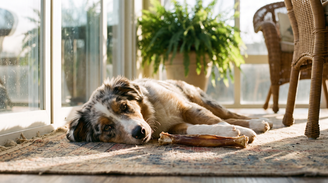 An australian shepherd puppy lying on a sunroom rug with its head down on the floor beside a large natural dried chew