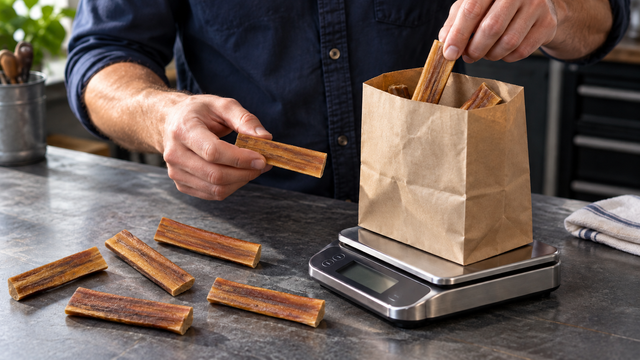 An owner counts naturally varied four-inch bully sticks beside a scale.