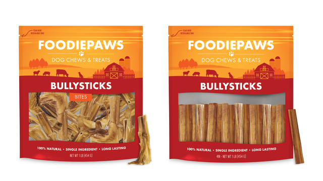 Two one-pound Foodiepaws bags side by side on white, one of bite-size bully stick pieces and one of four-inch bully sticks, with a loose chew from each shown alongside for scale
