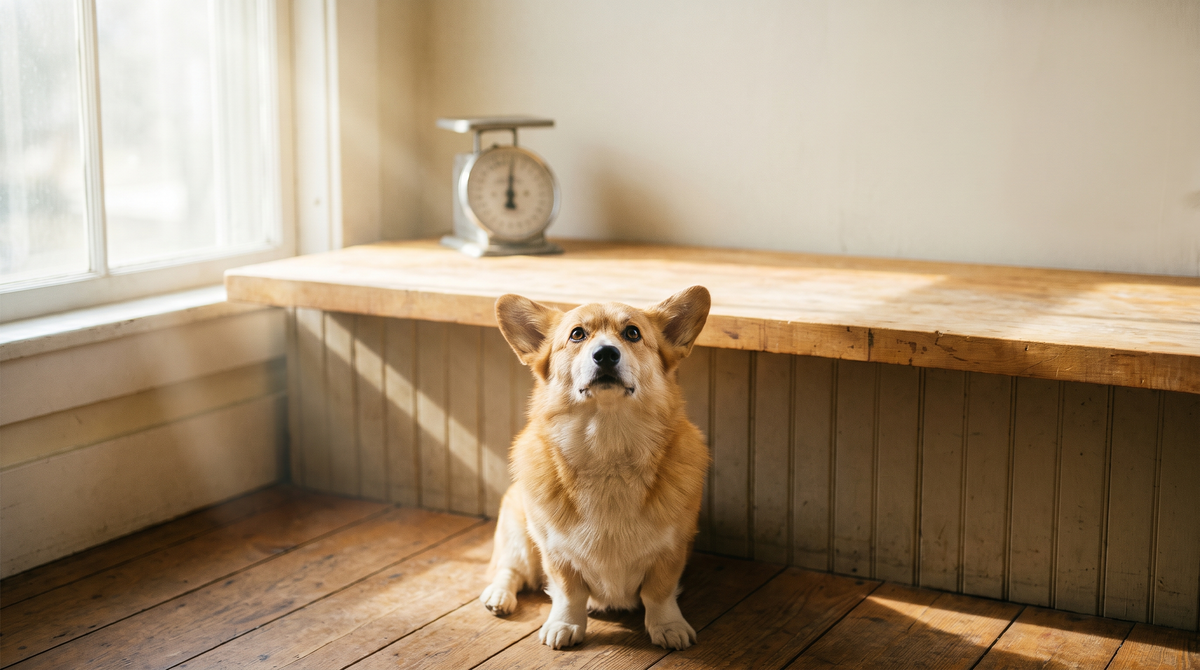 A pembroke welsh corgi sitting on a wooden floor looking upward, with an old dial kitchen scale on the wooden counter above it