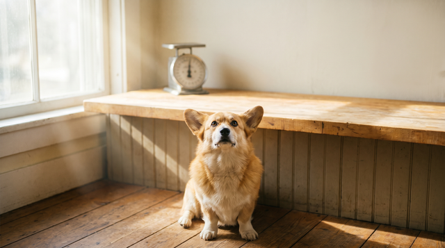 A pembroke welsh corgi sitting on a wooden floor looking upward, with an old dial kitchen scale on the wooden counter above it