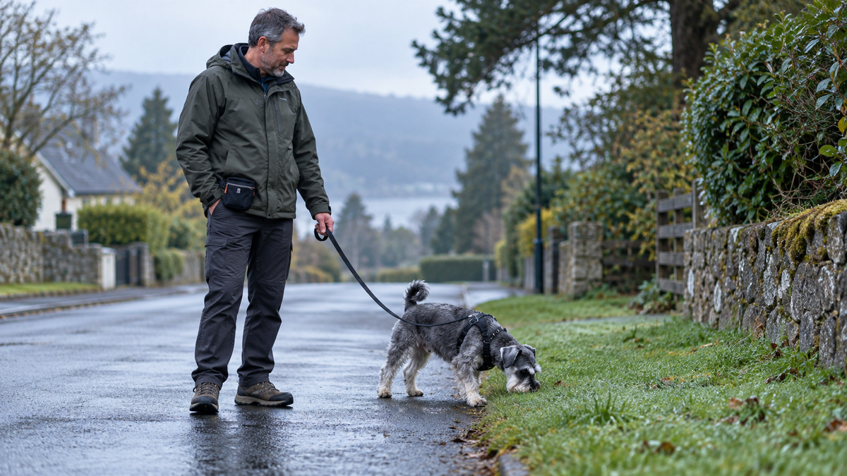 An owner watches a dog during a quiet routine walk.