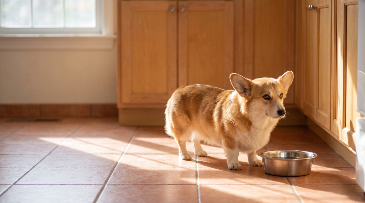 A corgi standing beside an empty stainless steel bowl on a tiled kitchen floor with sunlight falling across the tiles.