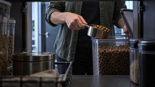 An owner measuring a dog’s regular food while planning its total daily intake.