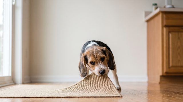 A young beagle puppy chewing the corner of a woven floor mat in a kitchen