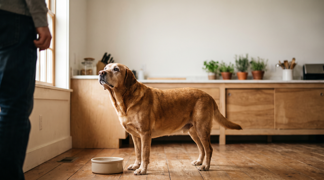 A labrador retriever standing beside a food bowl on a kitchen floor looking up expectantly in morning light