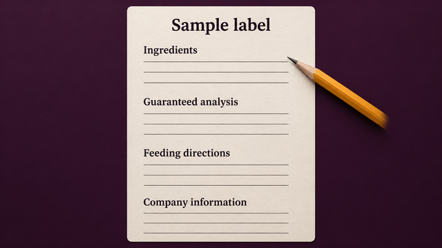 Illustrated sample label showing ingredient, analysis, feeding and company-information fields.