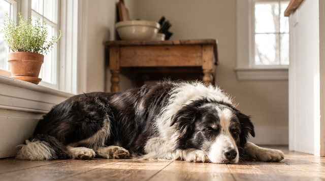 A border collie lying on a kitchen floor with its head resting on its paws in morning window light