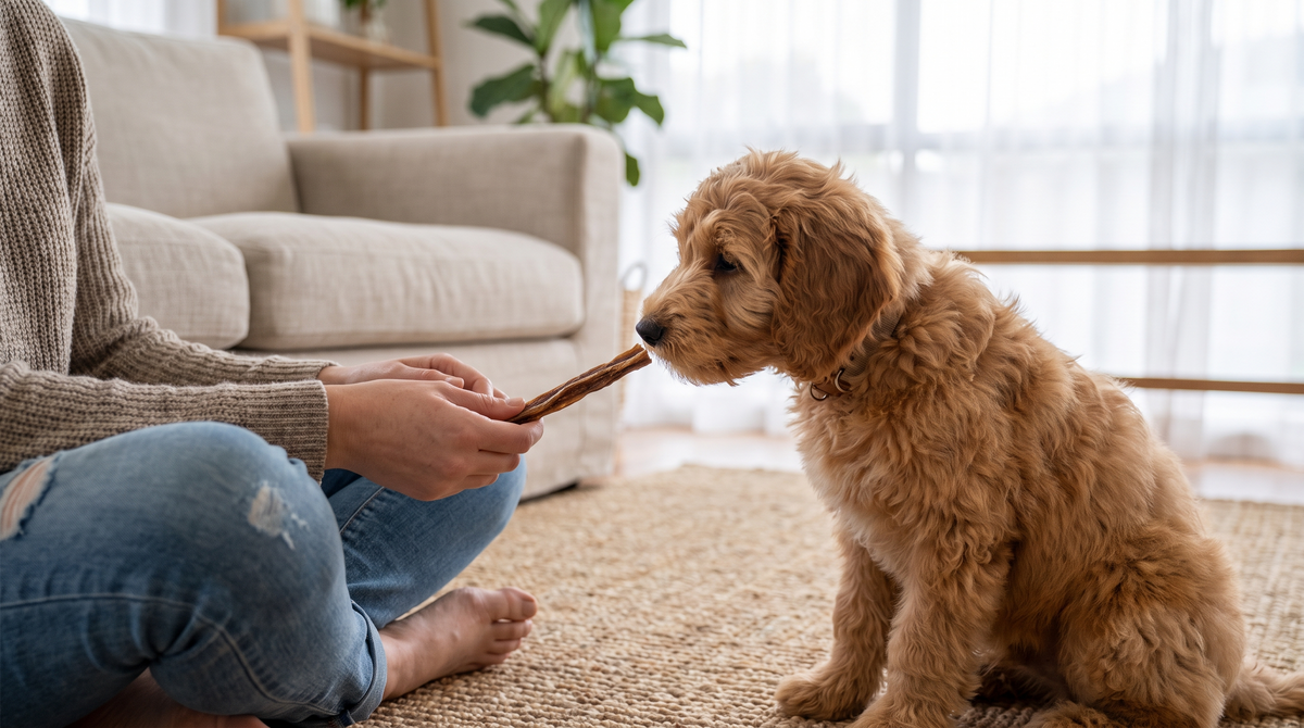 A person sitting cross-legged on a living-room rug holding out a plain dried chew stick to a twelve-week-old apricot labradoodle puppy leaning in to sniff it