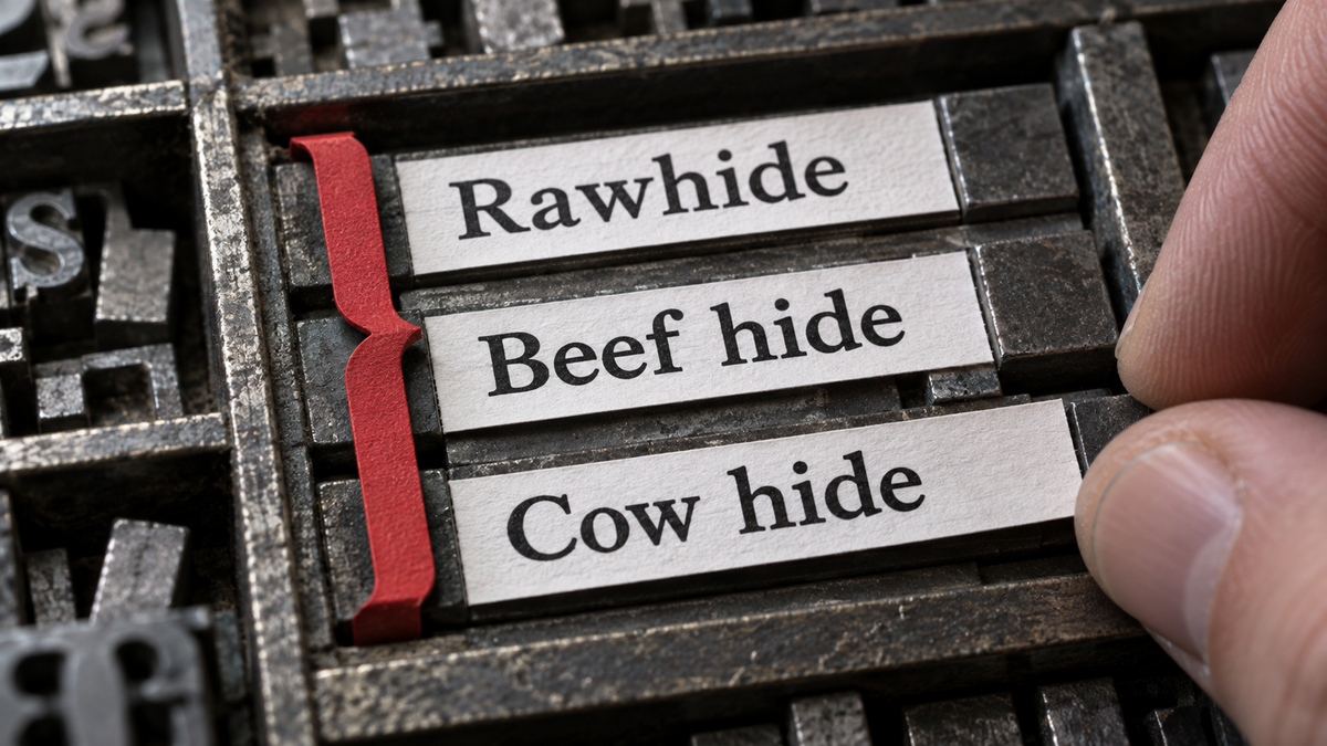 Letterpress-style word strips reading Rawhide, Beef hide and Cow hide grouped together.