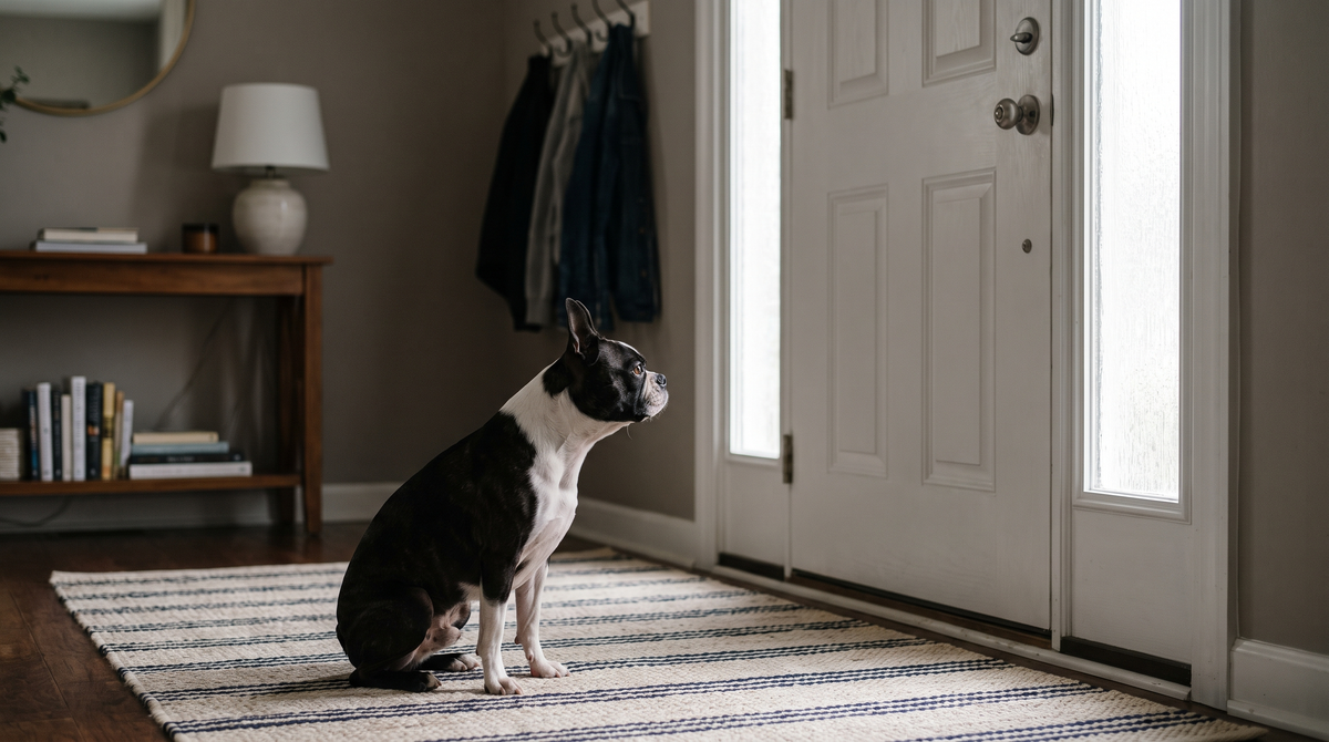 A boston terrier sitting on a striped hallway runner looking toward a closed white front door